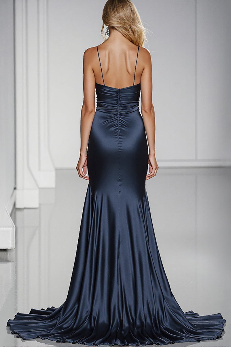 Load image into Gallery viewer, Dark Blue Spaghetti Straps Satin Maxi Formal Dress with Slit