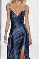 Load image into Gallery viewer, Dark Blue Spaghetti Straps Satin Maxi Formal Dress with Slit
