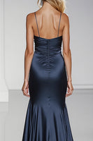 Load image into Gallery viewer, Dark Blue Spaghetti Straps Satin Maxi Formal Dress with Slit