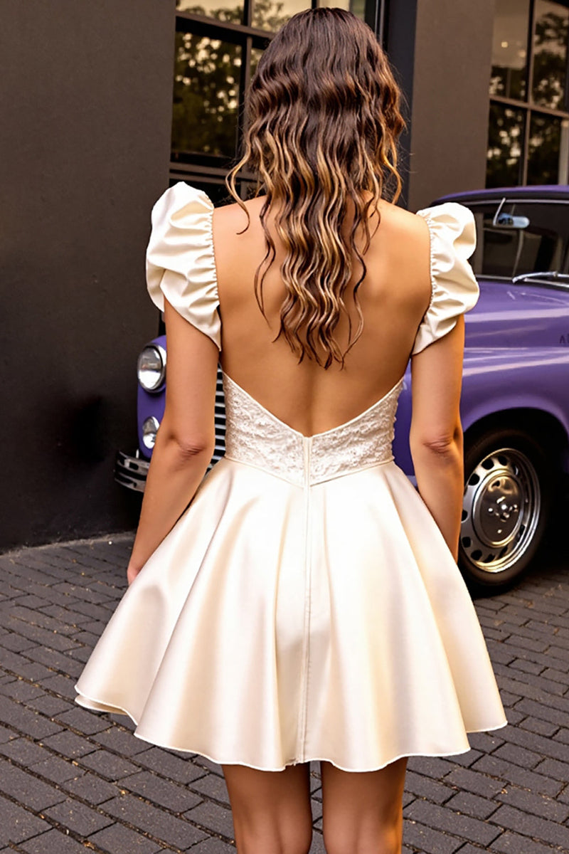 Load image into Gallery viewer, Ivory Satin Corset Ruffled Short Prom Dress