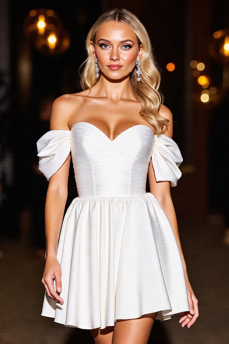 Load image into Gallery viewer, White A Line Off the Shoulder Satin Short Prom Dress with Ruffles