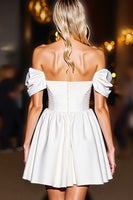 Load image into Gallery viewer, White A Line Off the Shoulder Satin Short Prom Dress with Ruffles