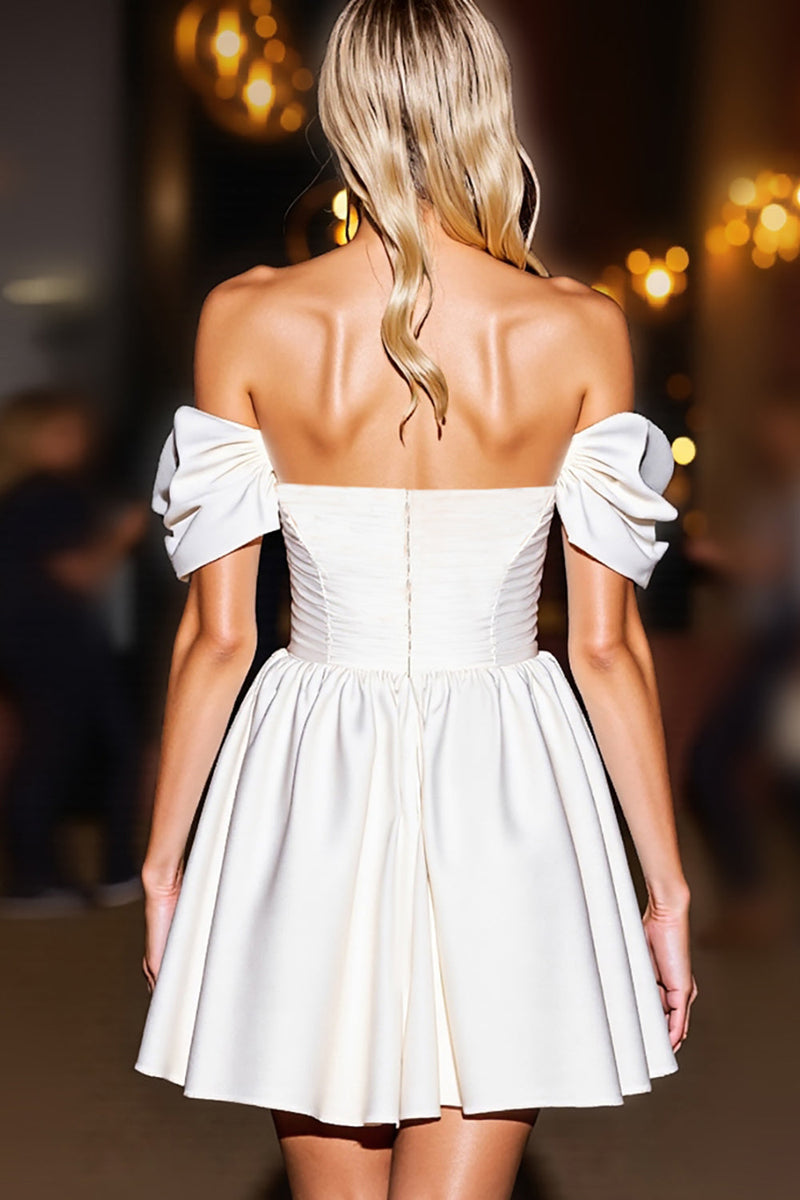 Load image into Gallery viewer, White A Line Off the Shoulder Satin Short Prom Dress with Ruffles