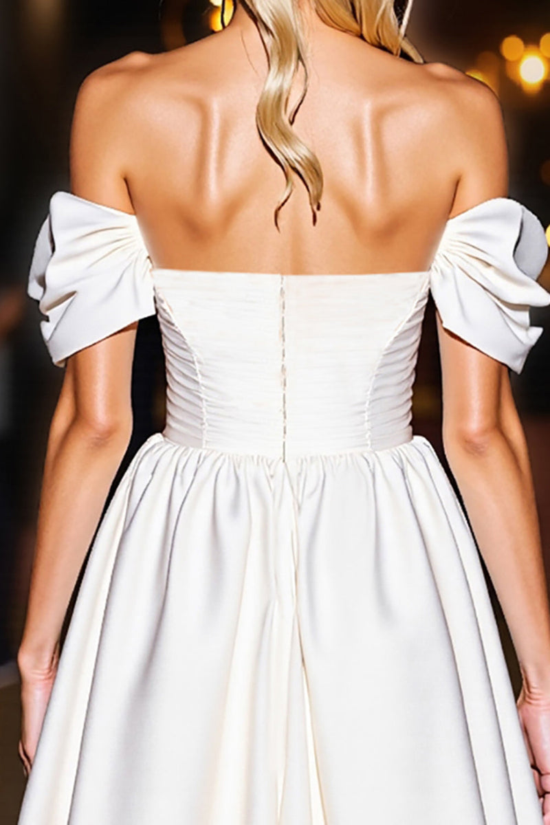 Load image into Gallery viewer, White A Line Off the Shoulder Satin Short Prom Dress with Ruffles
