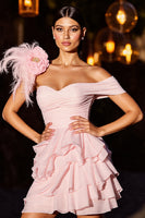 Load image into Gallery viewer, Pink Floral Ruffled Short Chiffon Prom Dress with Feathers