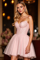 Load image into Gallery viewer, Sparkly Blush Tulle Corset Short Prom Dress with Sequins