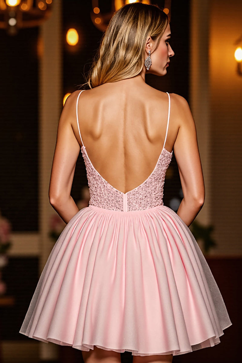 Load image into Gallery viewer, Sparkly Blush Tulle Corset Short Prom Dress with Sequins