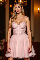 Load image into Gallery viewer, Sparkly Blush Tulle Corset Short Prom Dress with Sequins
