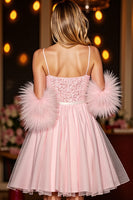 Load image into Gallery viewer, Sparkly Blush Sequin Corset Short Prom Dress with Feathers