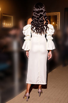 White Corset Tight Midi Satin Prom Dress with Slit