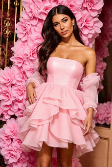 Pink A Line Ruffled Corset Short Prom Dress with Sleeves