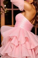 Load image into Gallery viewer, Pink A Line Ruffled Corset Short Prom Dress with Sleeves