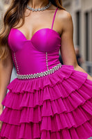 Load image into Gallery viewer, Fuchsia A Line Tiered Short Prom Dress with Ruffles