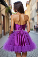 Load image into Gallery viewer, Dark Purple A Line Satin Strapless Short Prom Dress with Beading