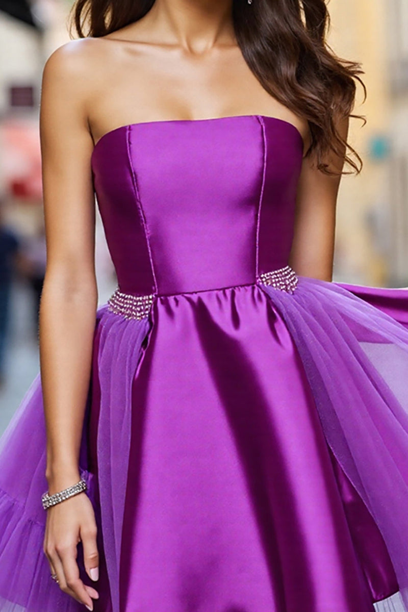Load image into Gallery viewer, Dark Purple A Line Satin Strapless Short Prom Dress with Beading