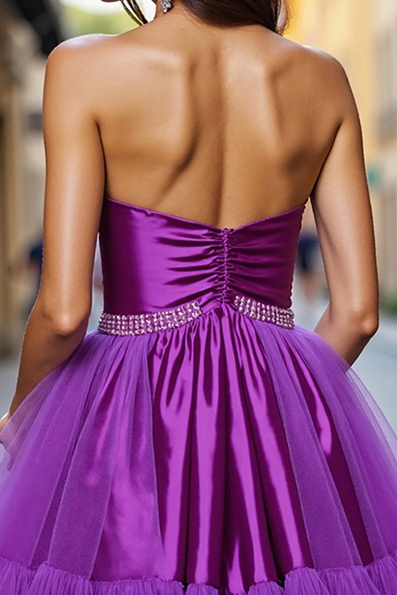 Load image into Gallery viewer, Dark Purple A Line Satin Strapless Short Prom Dress with Beading