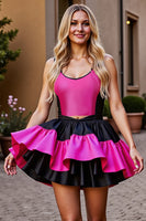 Load image into Gallery viewer, Black and Fuchsia Satin A Line Tiered Short Prom Dress with Ruffles