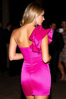 Load image into Gallery viewer, Fuchsia Bodycon One Shoulder Short Prom Dress with Ruffles