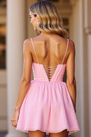 Load image into Gallery viewer, Pink Corset A Line Deep V-Neck Short Prom Dress