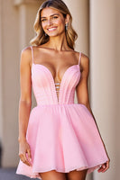 Load image into Gallery viewer, Pink Corset A Line Deep V-Neck Short Prom Dress
