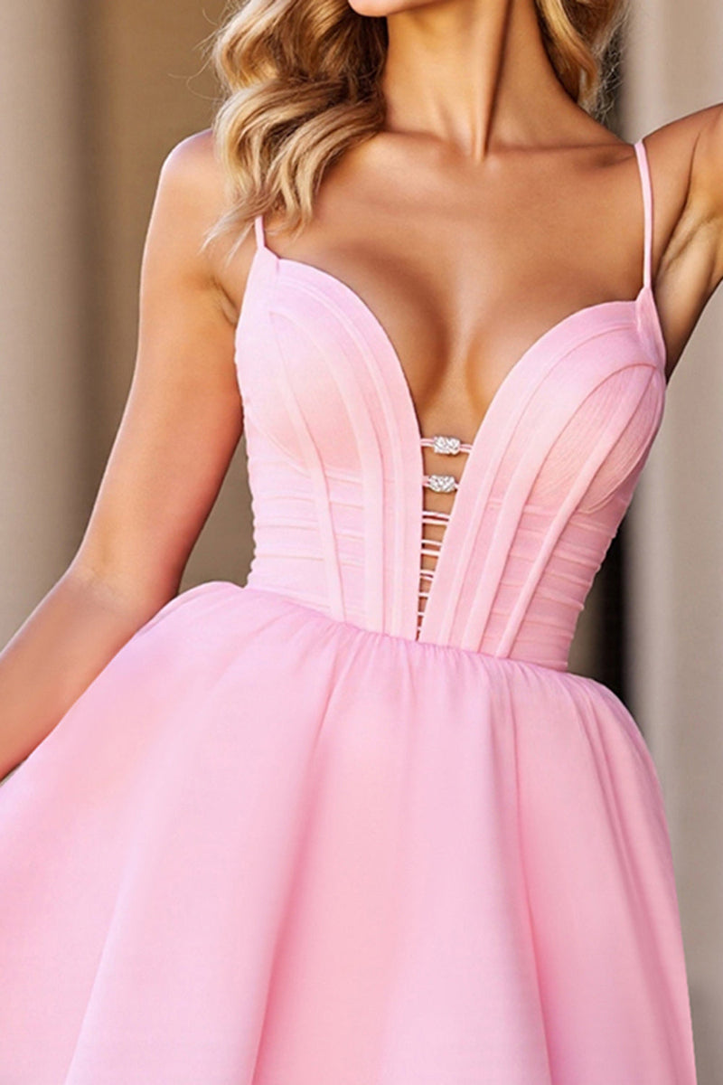 Load image into Gallery viewer, Pink Corset A Line Deep V-Neck Short Prom Dress