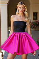 Load image into Gallery viewer, Black and Fuchsia Satin Strapless A Line Short Prom Dress