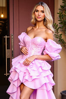 Load image into Gallery viewer, Sparkly Pink Sequin High-Low Prom Dress with Ruffles