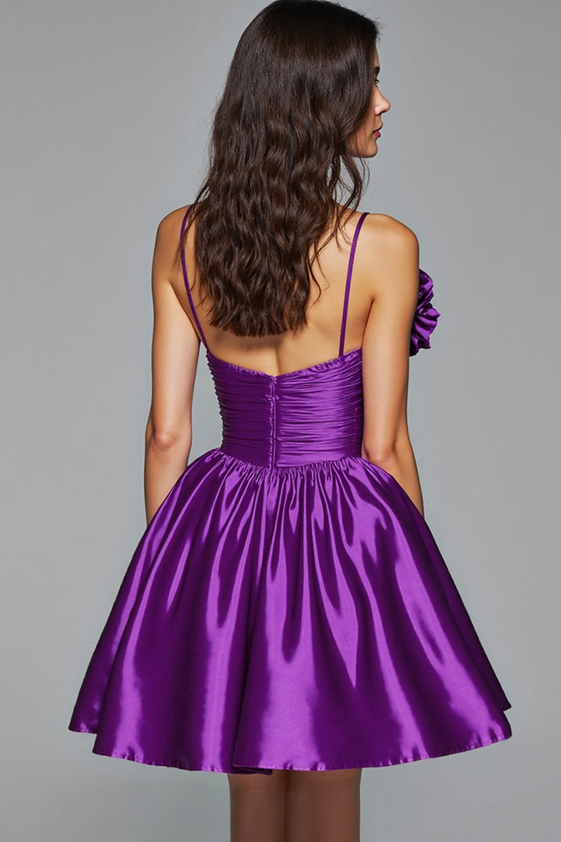 Load image into Gallery viewer, Dark Purple Floral A Line Satin Short Prom Dress