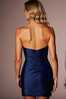 Load image into Gallery viewer, Navy Satin Bodycon Sweetheart Short Prom Dress