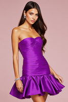 Load image into Gallery viewer, Dark Purple Strapless Satin Short Prom Dress with 3D Flower