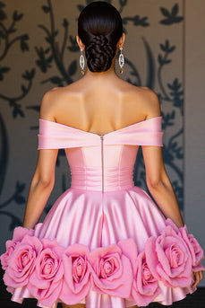 Pink Satin A Line Floral Short Prom Dress