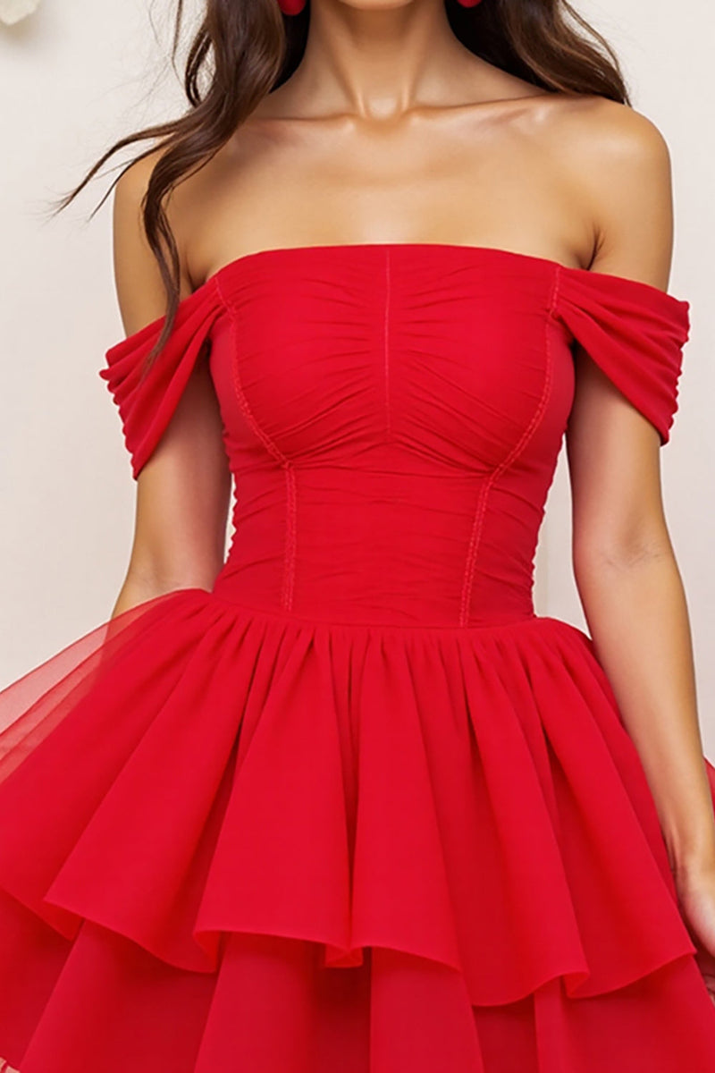 Load image into Gallery viewer, Red A Line Tulle Tiered Corset Short Prom Dress with Ruffles