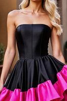 Load image into Gallery viewer, Black and Fuchsia Satin Corset Strapless Short Prom Dress