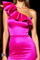 Load image into Gallery viewer, Fuchsia Satin One Shoulder Short Prom Dress with Ruffles