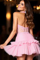 Load image into Gallery viewer, Sparkly Pink Corset Tulle Short Prom Dress with Ruffles