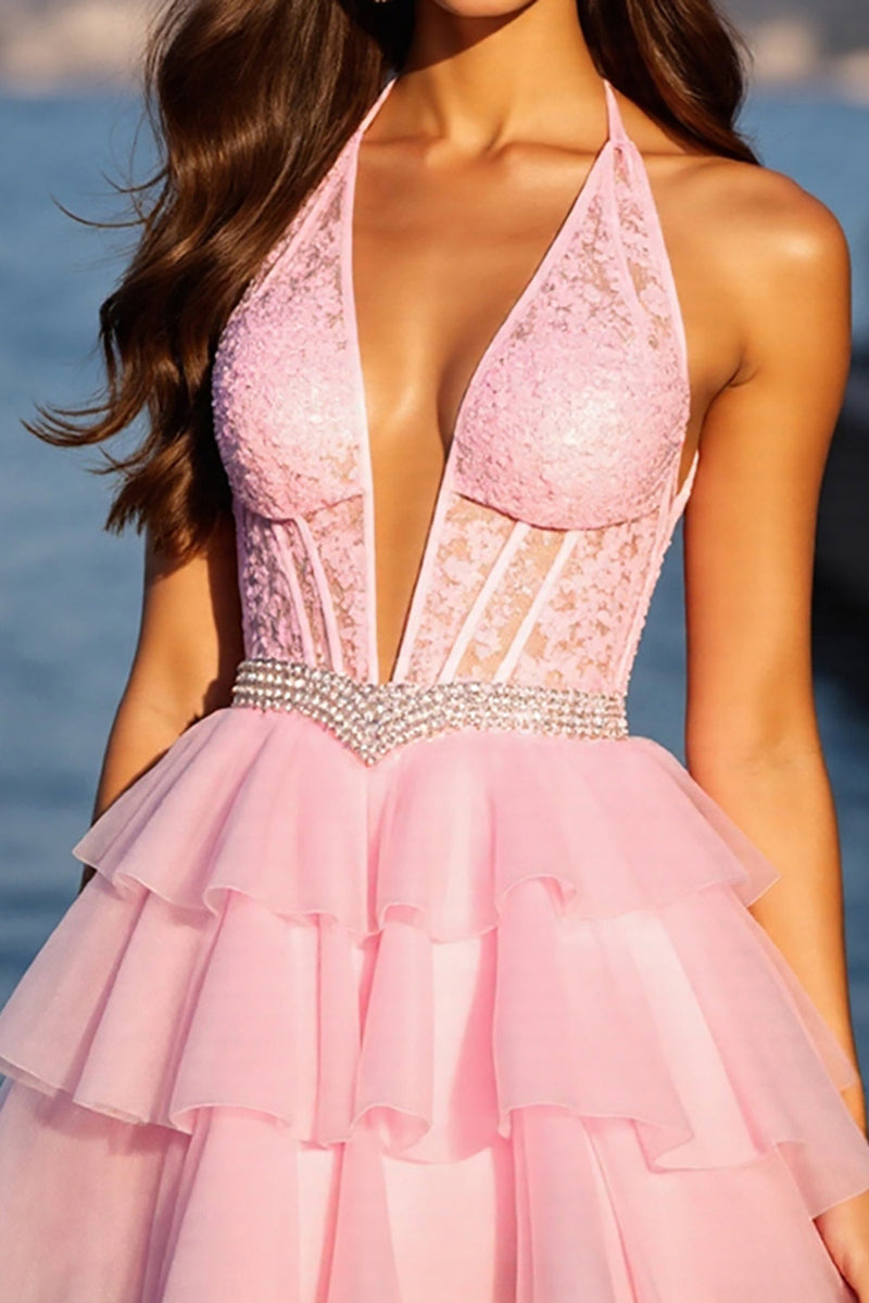 Load image into Gallery viewer, Sparkly Pink Ruffled Corset Tulle Short Prom Dress with Rhinestones