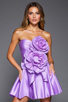 Load image into Gallery viewer, Purple Strapless Satin Short Prom Dress with 3D Flowers