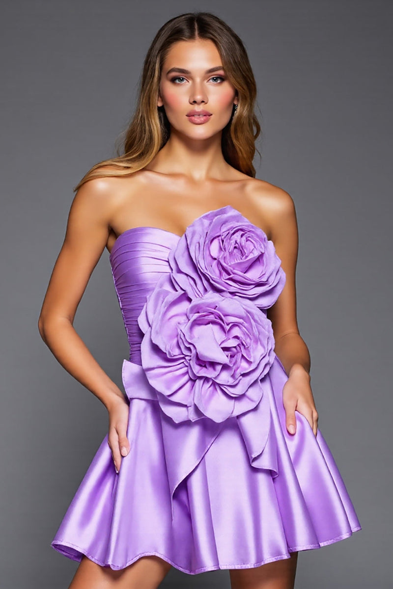 Load image into Gallery viewer, Purple Strapless Satin Short Prom Dress with 3D Flowers