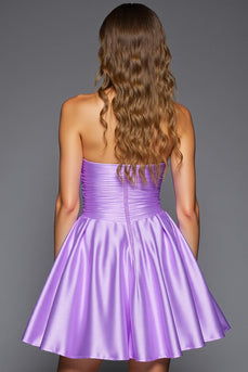 Purple Strapless Satin Short Prom Dress with 3D Flowers