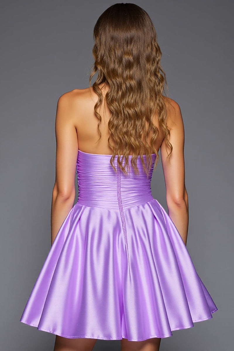 Load image into Gallery viewer, Purple Strapless Satin Short Prom Dress with 3D Flowers