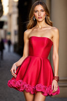 Load image into Gallery viewer, Red Satin Floral Strapless Short Prom Dress