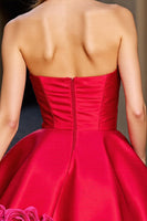Load image into Gallery viewer, Red Satin Floral Strapless Short Prom Dress