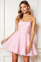 Load image into Gallery viewer, Pink Floral Strapless Tulle Corset Short Prom Dress