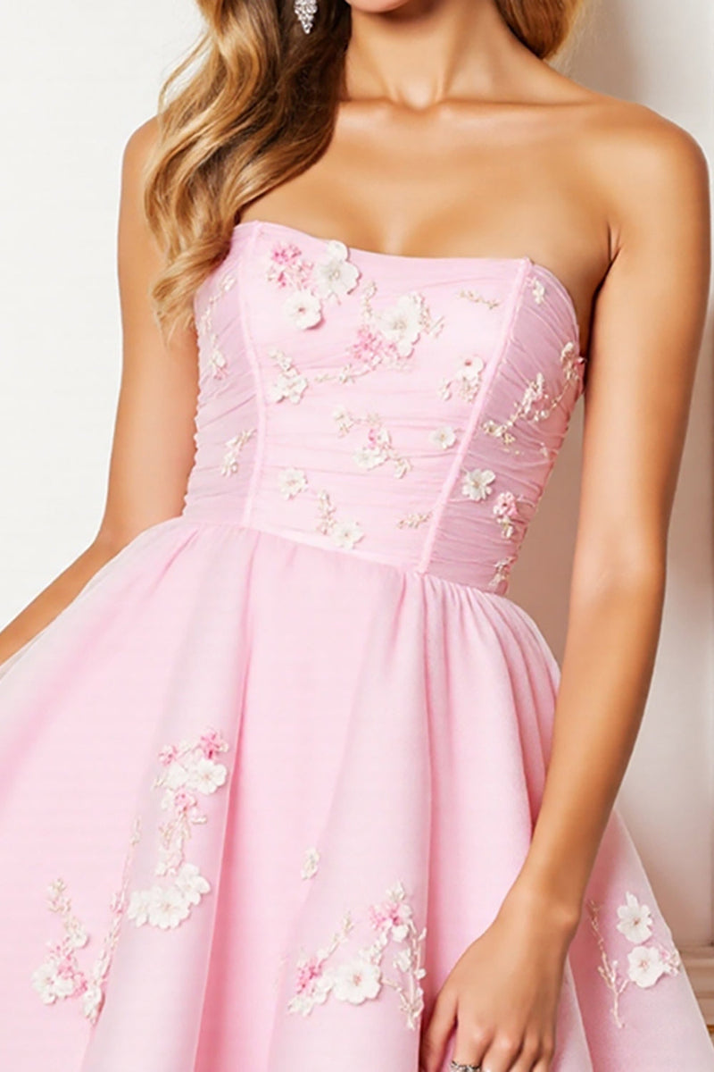 Load image into Gallery viewer, Pink Floral Strapless Tulle Corset Short Prom Dress