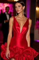 Load image into Gallery viewer, Satin Red Floral Deep V-Neck Short Corset Prom Dress