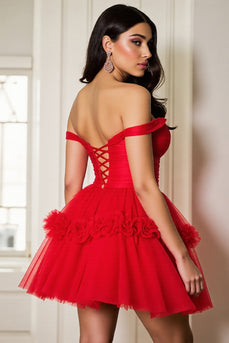 Red A Line Tulle Short Corset Prom Dress with Ruffles