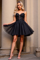 Load image into Gallery viewer, Black Tulle Short Corset Prom Dress with Appliques