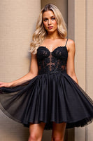 Load image into Gallery viewer, Black Tulle Short Corset Prom Dress with Appliques