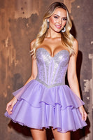 Load image into Gallery viewer, Sparkly Purple Sweetheart Sequin Short Prom Dress with Ruffles