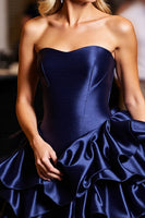 Load image into Gallery viewer, Satin Navy Sweetheart Short Prom Dress with Ruffles